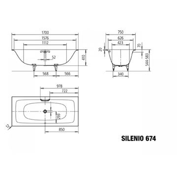 KALDEWEI SILENIO 674 vana 170x75 cm, bez nožiček, smaltovaná ocel 267400010001 Technický nákres