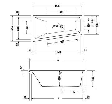 DURAVIT NO.1 rohová vana 150x80 cm, bez nožiček, akrylát 700504000000000 Technický nákres