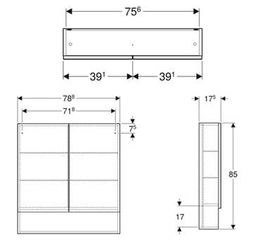 GEBERIT SELNOVA SQUARE zrcadlová skříňka 78,8x85x17,5 cm, dřevotříska, vysoce lesklá bílá 501.268.00.1 Technický nákres