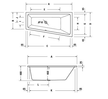 DURAVIT NO.1 rohová vana 150x80 cm, bez nožiček, akrylát 700505000000000 Technický nákres
