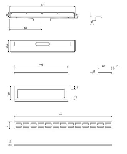 UNIDRAIN 4011 sprchový žlab 700 mm, boční odtok DN 50, rošt STRIPE, nerez ocel 4011.0700 Technický nákres