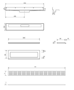 UNIDRAIN 4011 sprchový žlab 700 mm, boční odtok DN 50, rošt STRIPE, nerez ocel 4011.0700 Technický nákres
