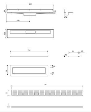 UNIDRAIN 4011 sprchový žlab 800 mm, boční odtok DN 50, rošt STRIPE, nerez ocel 4011.0800 Technický nákres