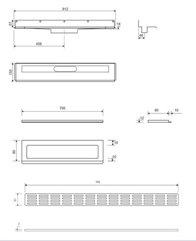 UNIDRAIN 4011 sprchový žlab 800 mm, boční odtok DN 50, rošt STRIPE, nerez ocel 4011.0800 Technický nákres