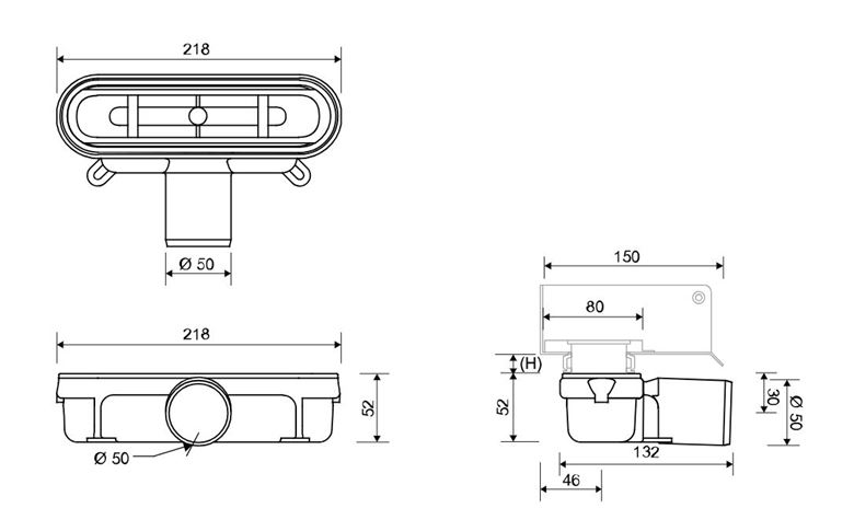UNIDRAIN 4011 sprchový žlab 900 mm, boční odtok DN 50, rošt STRIPE, nerez ocel 4011.0900 Technický nákres