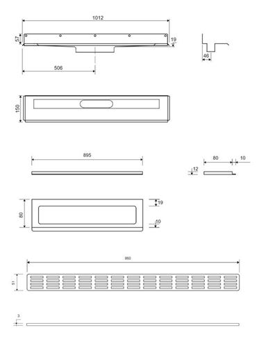 UNIDRAIN 4011 sprchový žlab 900 mm, boční odtok DN 50, rošt STRIPE, nerez ocel 4011.0900 Technický nákres