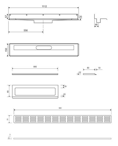 UNIDRAIN 4011 sprchový žlab 1000 mm, boční odtok DN 50, rošt STRIPE, nerez ocel 4011.1000 Technický nákres