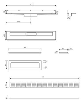 UNIDRAIN 4011 sprchový žlab 1000 mm, boční odtok DN 50, rošt STRIPE, nerez ocel 4011.1000 Technický nákres