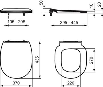 IDEAL STANDARD CONNECT SPACE WC sedátko Ultra Slim, SoftClose, bílá E772401 Technický nákres