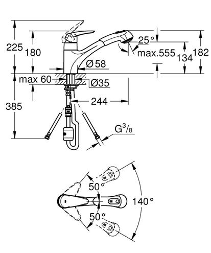 GROHE EURODISC dřezová baterie, s vytahovací sprškou, chrom 32257001 Technický nákres