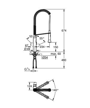 GROHE K7 dřezová baterie, s flexi ramínkem a sprškou, chrom 32950000 Technický nákres