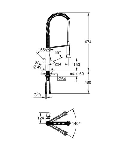 GROHE K7 dřezová baterie, s flexi ramínkem a sprškou, chrom 32950000 Technický nákres