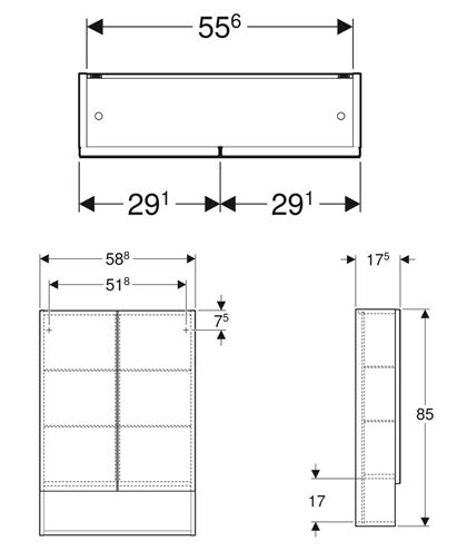 GEBERIT SELNOVA SQUARE zrcadlová skříňka 58,8x85x17,5 cm, dřevotříska, vysoce lesklá bílá 501.264.00.1 Technický nákres