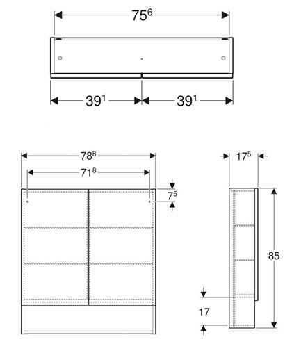 GEBERIT SELNOVA SQUARE zrcadlová skříňka 78,8x85x17,5 cm, dřevotříska, ořech hickory 501.270.00.1 Technický nákres