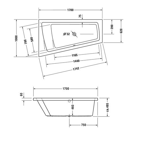 DURAVIT PAIOVA rohová vana 170x100 cm, bez nožiček, akrylát 700212000000000 Technický nákres