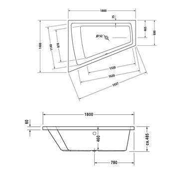 DURAVIT PAIOVA rohová vana 180x140 cm, bez nožiček, akrylát 700216000000000 Technický nákres