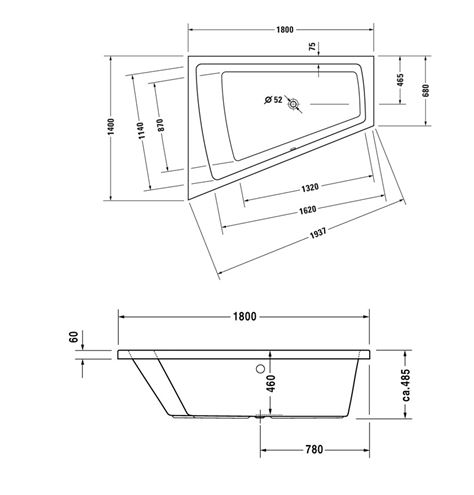 DURAVIT PAIOVA rohová vana 180x140 cm, bez nožiček, akrylát 700216000000000 Technický nákres