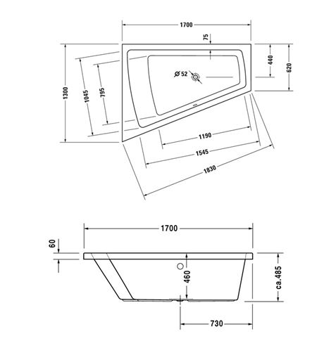 DURAVIT PAIOVA rohová vana 170x130 cm, bez nožiček, akrylát 700214000000000 Technický nákres