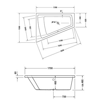 DURAVIT PAIOVA rohová vana 170x130 cm, bez nožiček, akrylát 700214000000000 Technický nákres