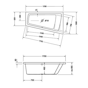 DURAVIT PAIOVA rohová vana 170x100 cm, bez nožiček, akrylát 700213000000000 Technický nákres