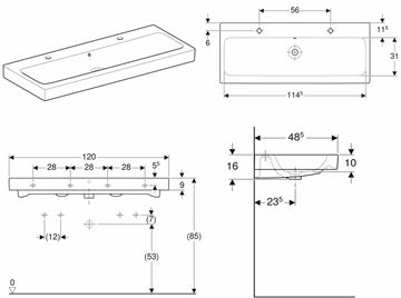 GEBERIT ICON umyvadlo 120 cm, se 2 otvory pro baterie a přepadem 124020000 Technický nákres