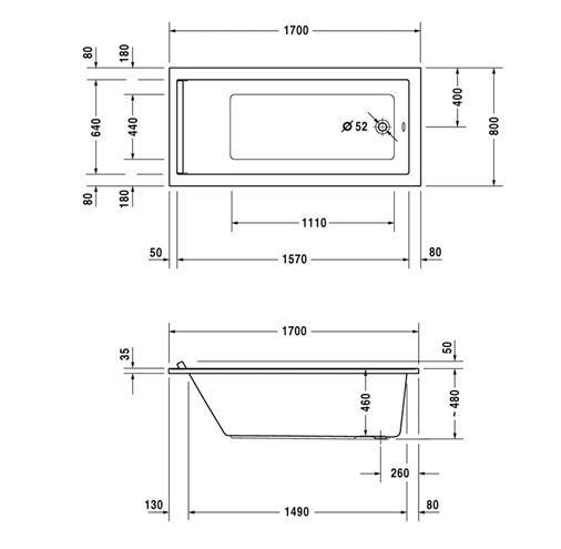 DURAVIT STARCK vana 170x80 cm, bez nožiček, akrylát 700336000000000 Technický nákres