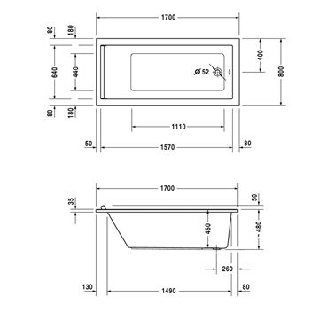 DURAVIT STARCK vana 170x80 cm, bez nožiček, akrylát 700336000000000 Technický nákres