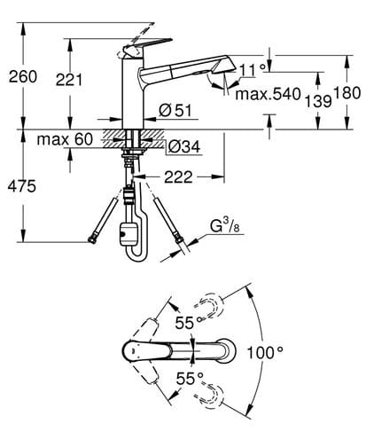 GROHE EURODISC COSMOPOLITAN dřezová baterie, s vytahovací sprškou, chrom 32257002 Technický nákres