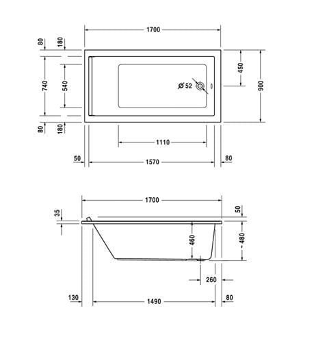 DURAVIT STARCK vana 170x90 cm, bez nožiček, akrylát 700337000000000 Technický nákres