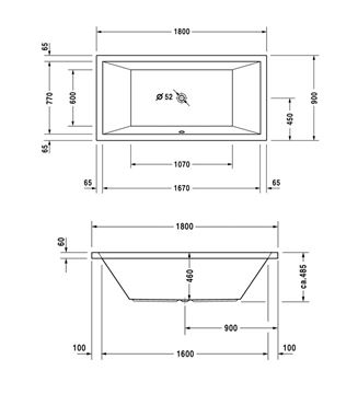 DURAVIT STARCK vana 180x90 cm, pro 2 osoby, bez nožiček, akrylát 700052000000000 Technický nákres