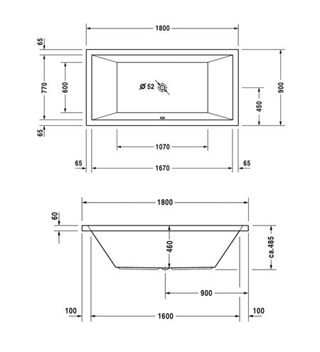 DURAVIT STARCK vana 180x90 cm, pro 2 osoby, bez nožiček, akrylát 700052000000000 Technický nákres