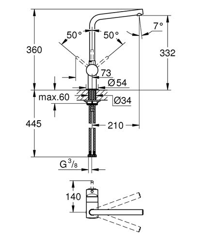 GROHE MINTA dřezová baterie, chrom 31375000 Technický nákres