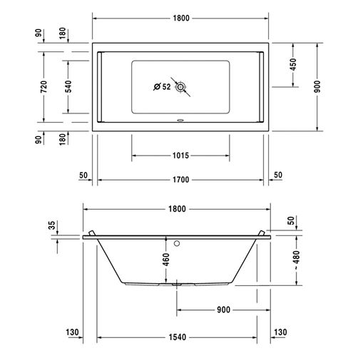 DURAVIT STARCK vana 180x90 cm, pro 2 osoby, bez nožiček, akrylát 700339000000000 Technický nákres