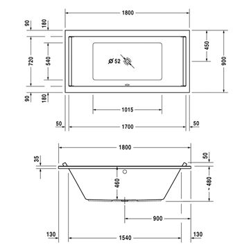 DURAVIT STARCK vana 180x90 cm, pro 2 osoby, bez nožiček, akrylát 700339000000000 Technický nákres