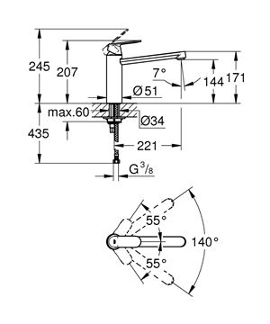 GROHE EUROSMART dřezová baterie, chrom 30193000 Technický nákres