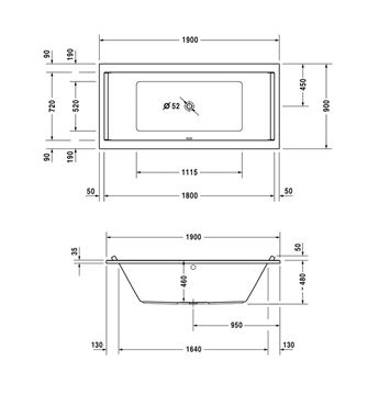 DURAVIT STARCK vana 190x90 cm, pro 2 osoby, bez nožiček, akrylát 700340000000000 Technický nákres