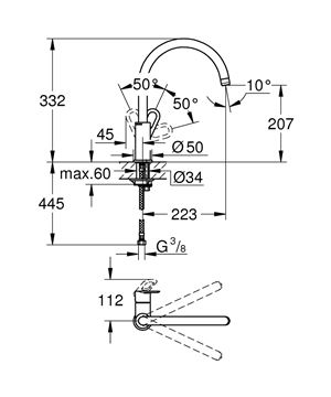 GROHE BAULOOP dřezová baterie, chrom 31368000 Technický nákres