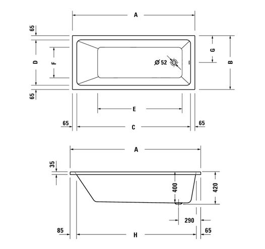 DURAVIT NO.1 vana 150x70 cm, hydromasážní, s nožičkami, akrylát 760487000JP1000 Technický nákres