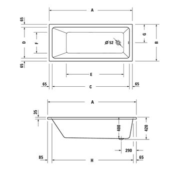 DURAVIT NO.1 vana 150x70 cm, hydromasážní, s nožičkami, akrylát 760487000JP1000 Technický nákres