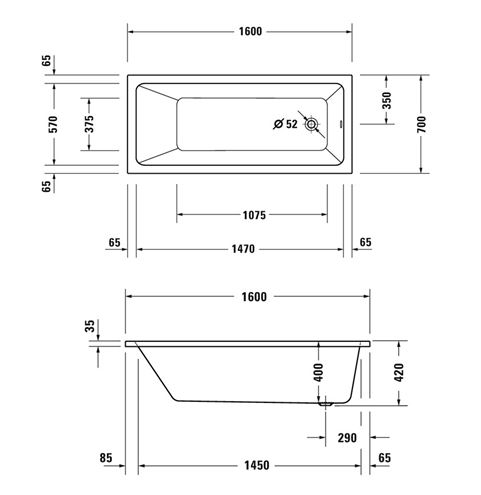DURAVIT NO.1 vana 160x70 cm, hydromasážní, s nožičkami, akrylát 760488000JP1000 Technický nákres