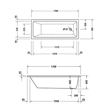 DURAVIT NO.1 vana 170x70 cm, hydromasážní, s nožičkami, akrylát 760489000JP1000 Technický nákres
