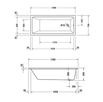 DURAVIT NO.1 vana 170x75 cm, hydromasážní, s nožičkami, akrylát 760490000JP1000 Technický nákres