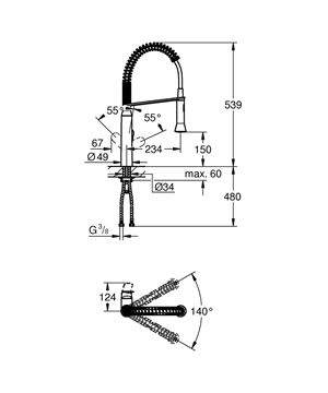 GROHE K7 dřezová baterie, s flexi ramínkem a sprškou, supersteel 31379DC0 Technický nákres