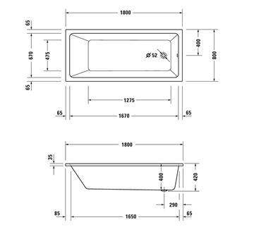 DURAVIT NO.1 vana 180x80 cm, hydromasážní, s nožičkami, akrylát 760491000JP1000 Technický nákres