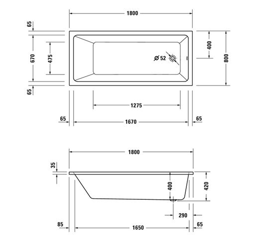 DURAVIT NO.1 vana 180x80 cm, hydromasážní, s nožičkami, akrylát 760491000JP1000 Technický nákres