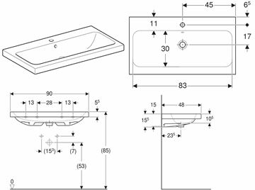 GEBERIT ICON LIGHT umyvadlo 90 cm, s otvorem pro baterii a přepadem 501.836.00.1 Technický nákres