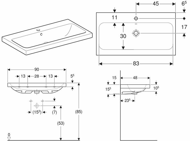 GEBERIT ICON LIGHT umyvadlo 90 cm, s otvorem pro baterii a přepadem 501.836.00.1 Technický nákres