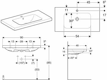 GEBERIT ICON LIGHT umyvadlo 90 cm, s otvorem pro baterii a přepadem 501.840.00.1 Technický nákres