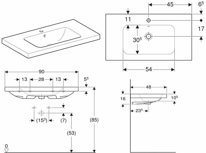 GEBERIT ICON LIGHT umyvadlo 90 cm, s otvorem pro baterii a přepadem 501.840.00.1 Technický nákres