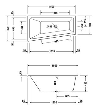 DURAVIT NO.1 rohová vana 150x80 cm, hydromasážní, s nožičkami, akrylát 760504000JP1000 Technický nákres